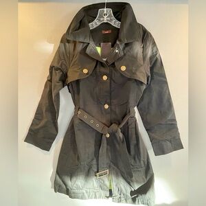 NWT Escio Womens Medium Black Button Up Belted Trench Lined Collared